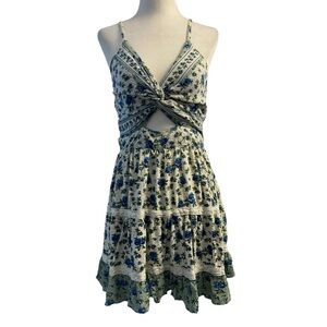 Angie Blue & Off White Floral Keyhole Twist-Front Midi Dress Size Medium Pit 14